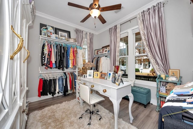 office with hardwood / wood-style floors, ceiling fan, and ornamental molding