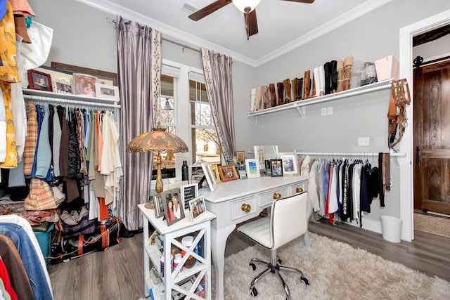 office area featuring hardwood / wood-style floors, ceiling fan, and crown molding