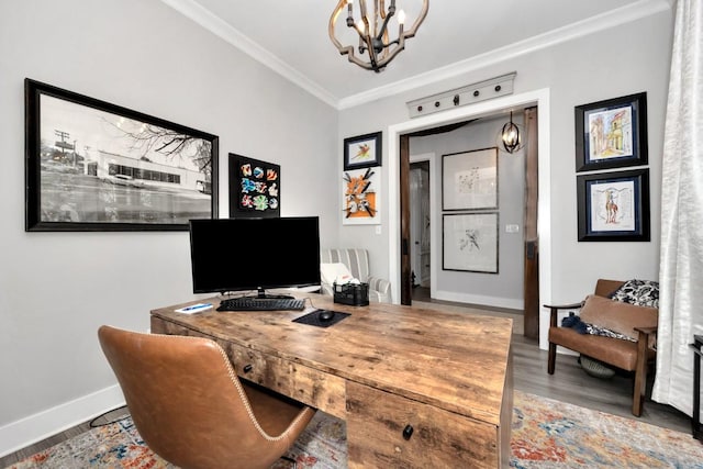 office with a chandelier, wood-type flooring, and ornamental molding