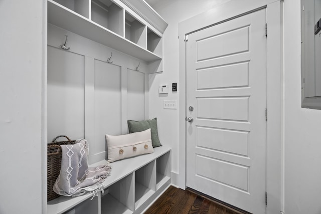 mudroom featuring dark wood-type flooring