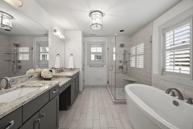 bathroom featuring separate shower and tub and vanity