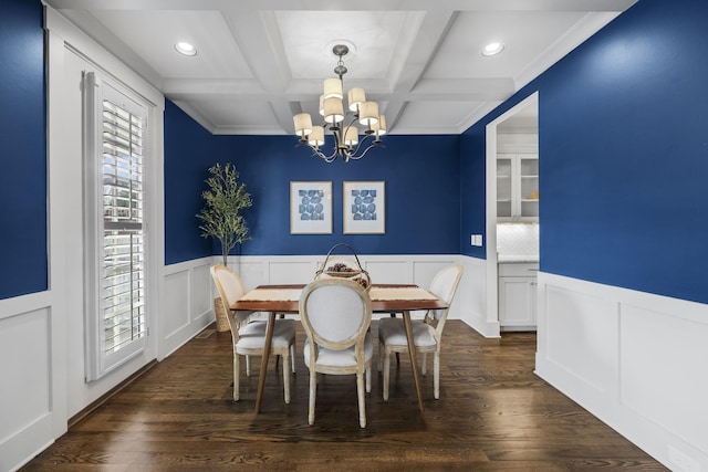 dining area featuring beam ceiling, coffered ceiling, dark hardwood / wood-style floors, a notable chandelier, and ornamental molding