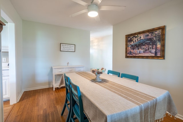 dining space featuring ceiling fan and wood-type flooring