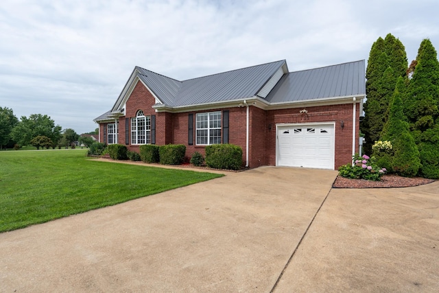 ranch-style house featuring a garage and a front lawn