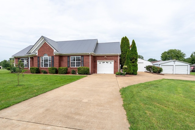 ranch-style house featuring a garage and a front lawn