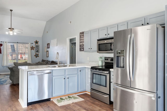 kitchen with lofted ceiling, dark wood-type flooring, sink, kitchen peninsula, and stainless steel appliances