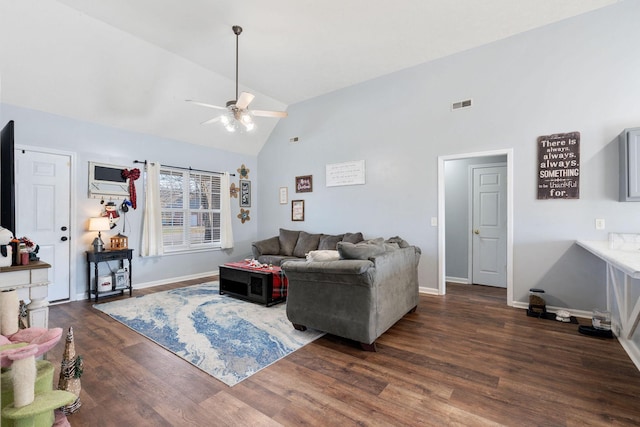 living room with dark hardwood / wood-style floors, high vaulted ceiling, and ceiling fan