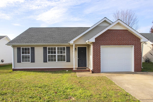 ranch-style house featuring a garage and a front lawn