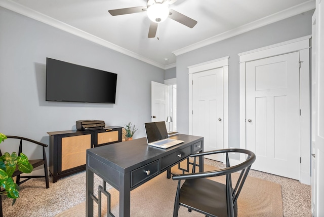 carpeted office space with ceiling fan and ornamental molding