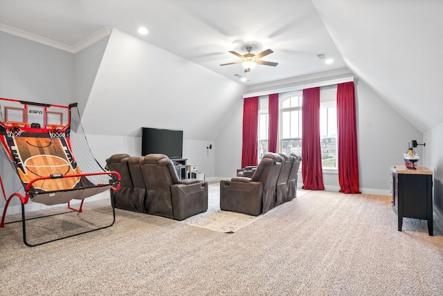 living room featuring ceiling fan, carpet, lofted ceiling, and ornamental molding