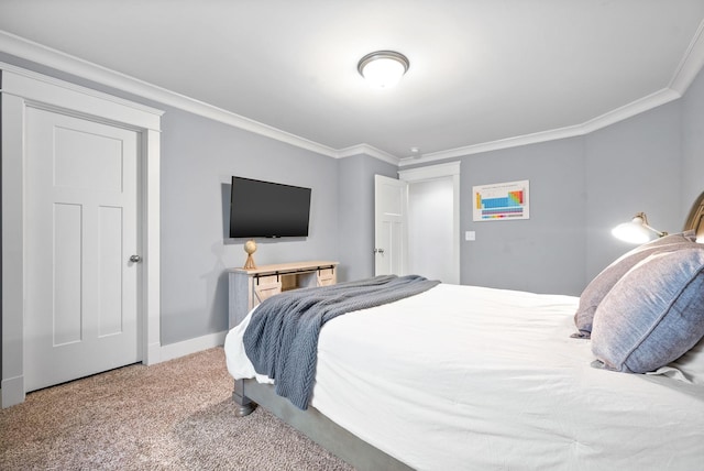 carpeted bedroom with crown molding