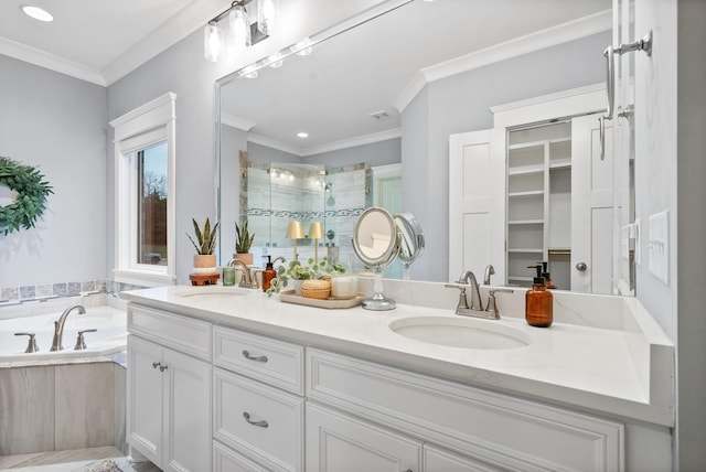 bathroom with crown molding, vanity, and shower with separate bathtub