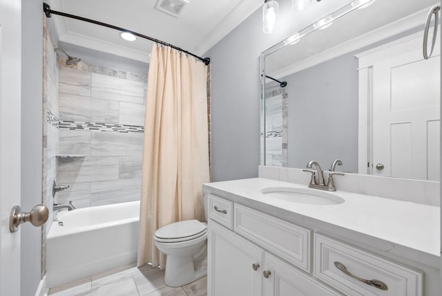 full bathroom featuring vanity, toilet, shower / bath combo with shower curtain, and crown molding