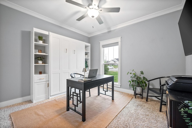 carpeted office with ceiling fan and ornamental molding