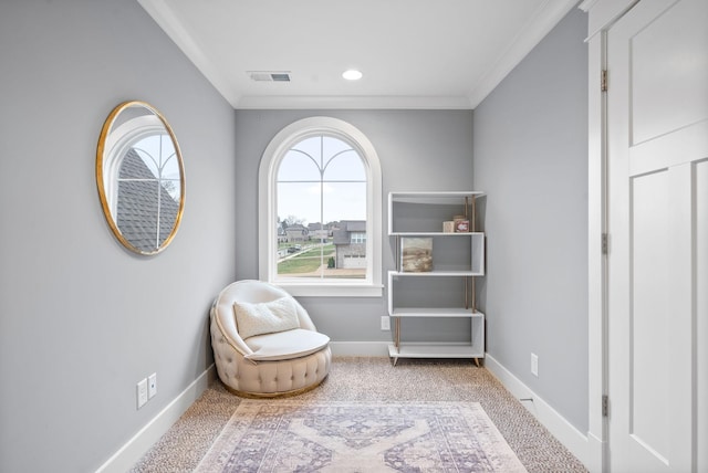 unfurnished room with light colored carpet and ornamental molding