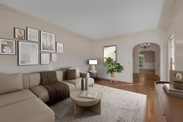 living room featuring hardwood / wood-style floors, ornamental molding, and a notable chandelier