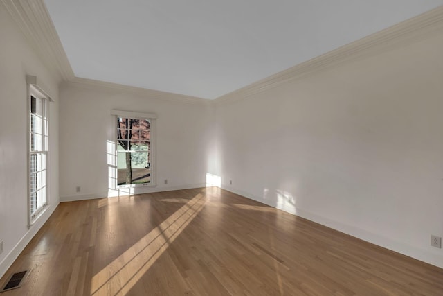 spare room with crown molding and wood-type flooring