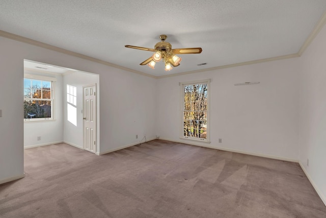 carpeted empty room with a textured ceiling, ceiling fan, and crown molding