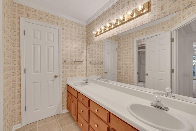 bathroom featuring tile patterned flooring, vanity, toilet, and ornamental molding