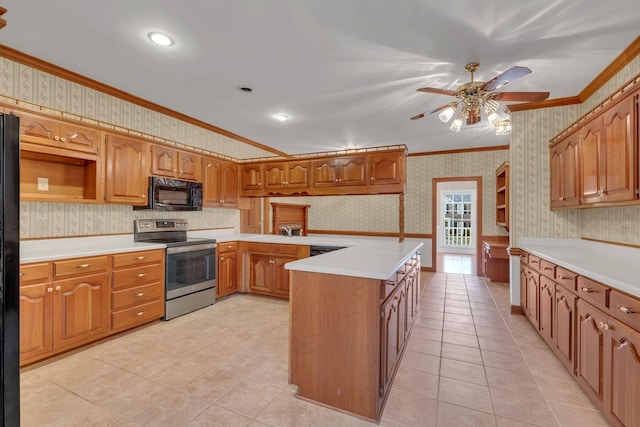 kitchen featuring ceiling fan, kitchen peninsula, light tile patterned floors, black appliances, and ornamental molding