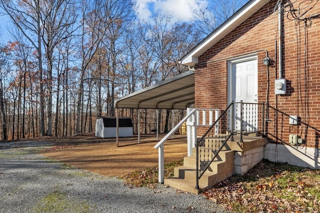 view of home's exterior featuring a storage unit