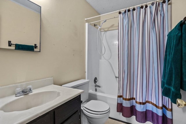 full bathroom with shower / bath combo, toilet, a textured ceiling, and vanity