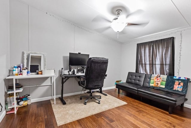 office space with ceiling fan and hardwood / wood-style flooring