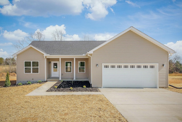 single story home featuring a garage, roof with shingles, and driveway