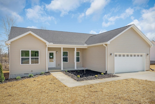 ranch-style house featuring roof with shingles, driveway, a porch, a garage, and crawl space