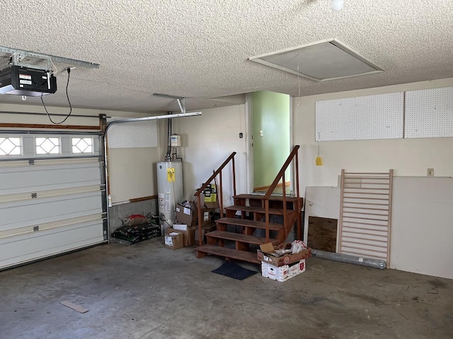 garage with a garage door opener and water heater