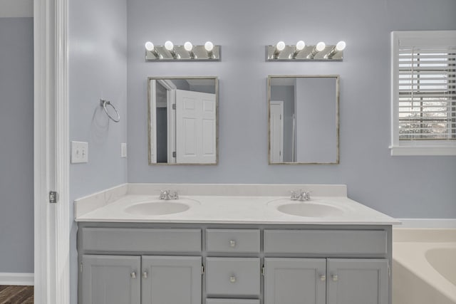 bathroom with hardwood / wood-style flooring, a washtub, and vanity