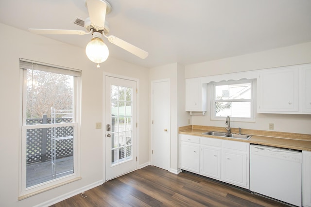 kitchen featuring white dishwasher, a wealth of natural light, dark wood-type flooring, and sink