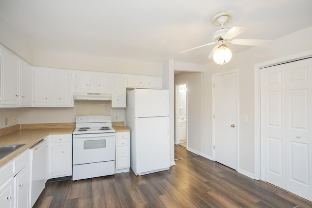 kitchen with white cabinetry, ceiling fan, dark wood-type flooring, and white appliances