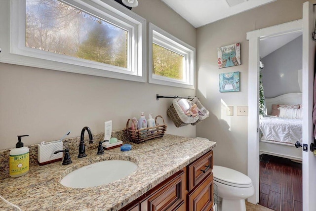 bathroom with toilet, vanity, and hardwood / wood-style flooring