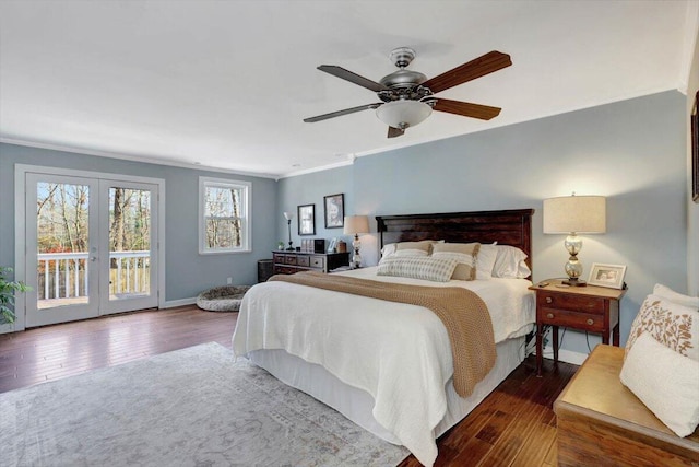 bedroom with access to exterior, french doors, ceiling fan, crown molding, and dark hardwood / wood-style floors