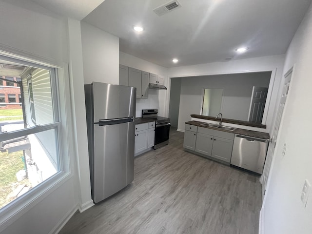 kitchen featuring gray cabinets, light wood-type flooring, sink, and appliances with stainless steel finishes