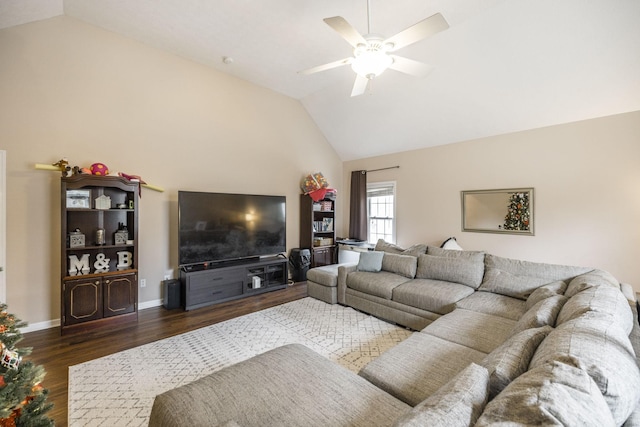 living room with vaulted ceiling, ceiling fan, and dark wood-type flooring