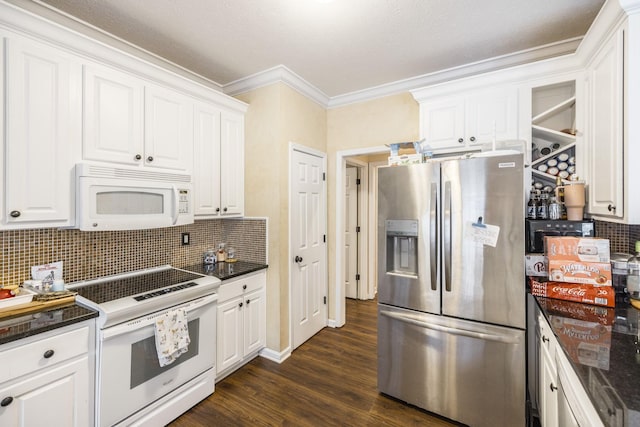 kitchen with white cabinetry, dark hardwood / wood-style flooring, backsplash, crown molding, and white appliances