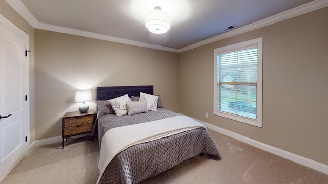 bedroom featuring light colored carpet and ornamental molding