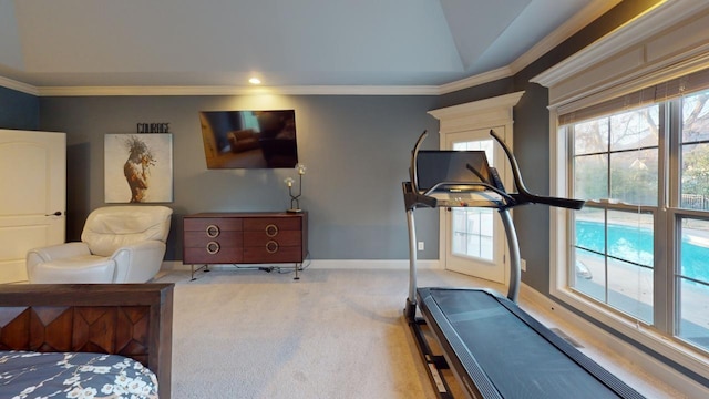 workout area featuring light colored carpet, lofted ceiling, and ornamental molding