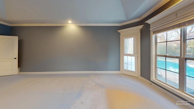 spare room with light carpet, lofted ceiling, and ornamental molding