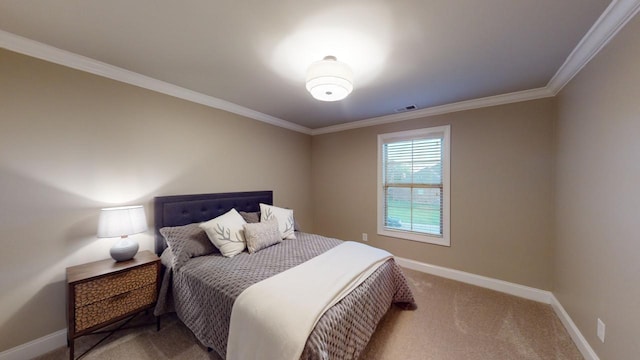 bedroom with light colored carpet and ornamental molding