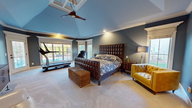 bedroom featuring access to exterior, light colored carpet, ceiling fan, and lofted ceiling