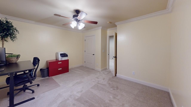 office space with light carpet and crown molding