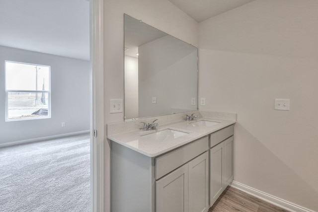 bathroom with hardwood / wood-style floors and vanity