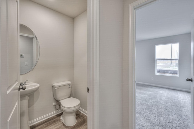 bathroom featuring wood-type flooring and toilet