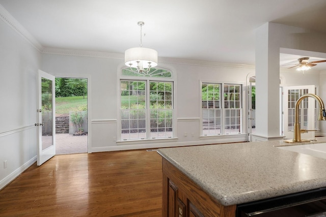 kitchen with plenty of natural light, dark hardwood / wood-style flooring, and hanging light fixtures