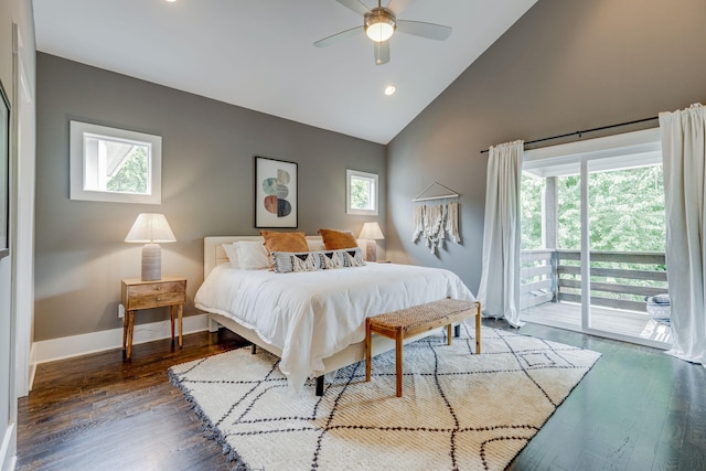 bedroom featuring access to outside, ceiling fan, dark hardwood / wood-style flooring, and high vaulted ceiling