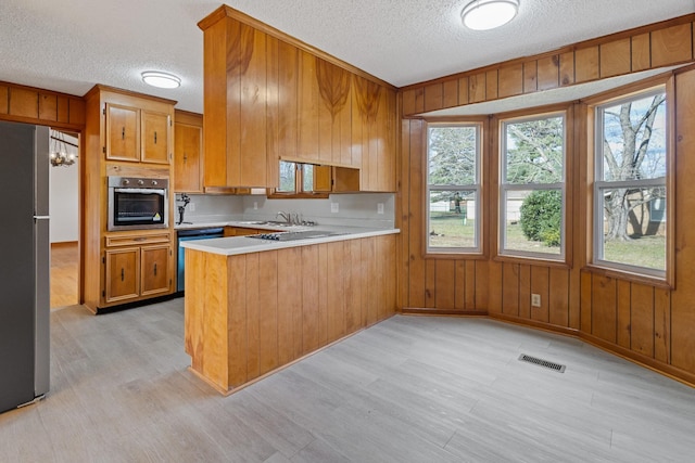 kitchen with light hardwood / wood-style floors, kitchen peninsula, and stainless steel appliances