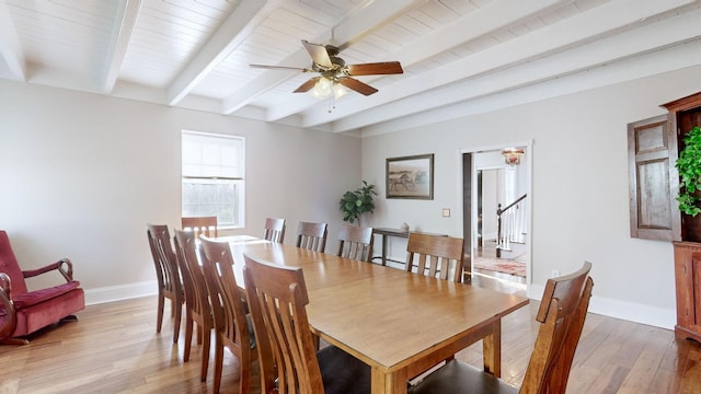 dining area featuring beam ceiling, ceiling fan, and hardwood / wood-style floors